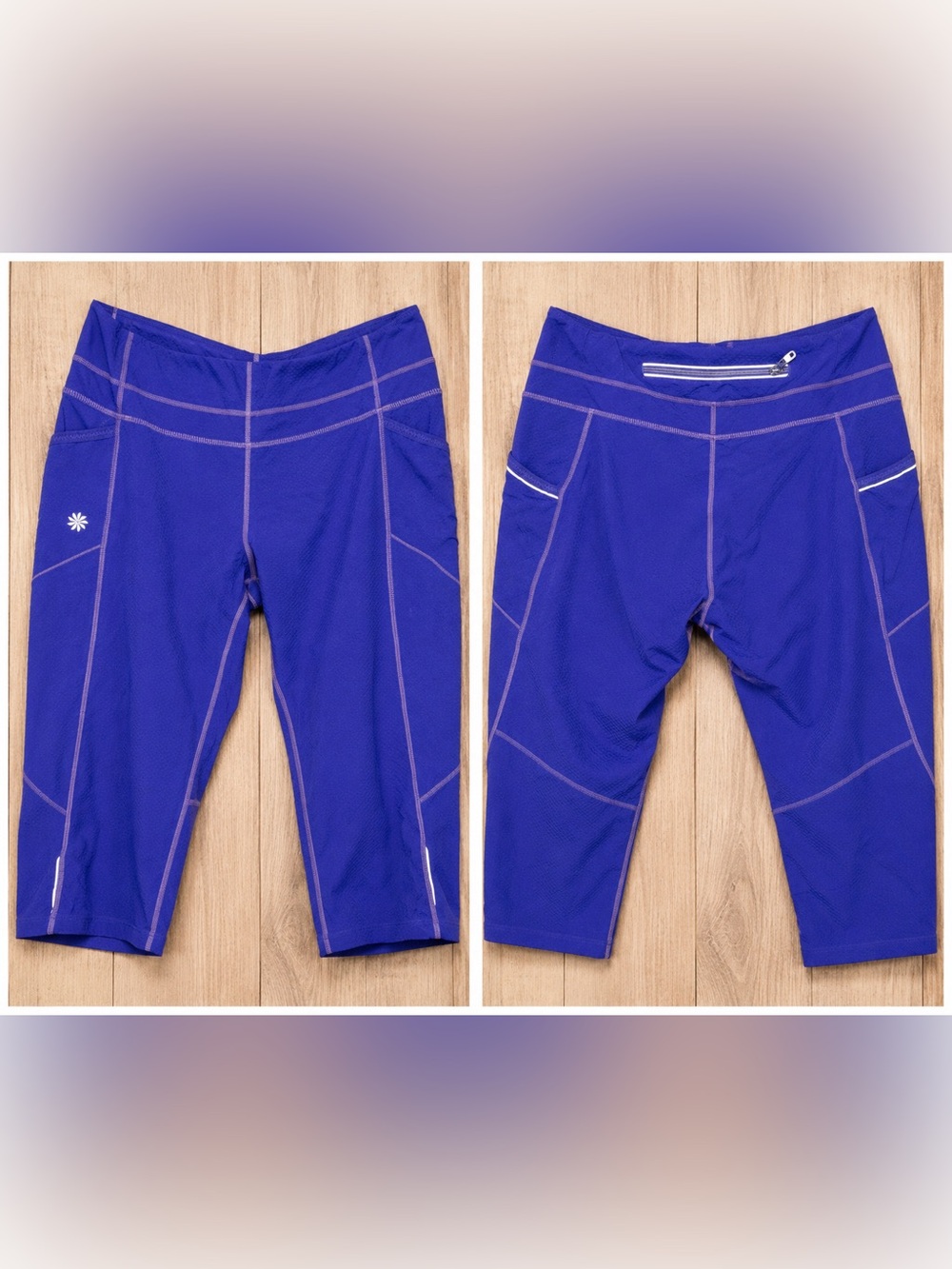 Athleta Purple Reflective Running Capri Leggings |Women’s Large |Zip Pocket